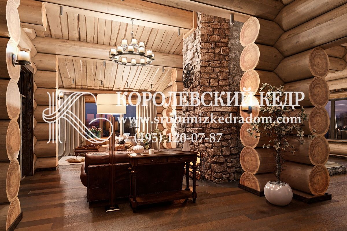 Дизайн гостиной в рубленном доме «Русь»